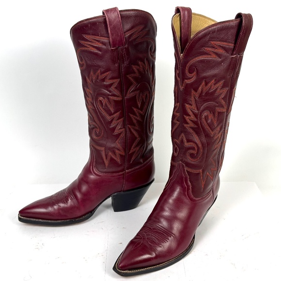 Handmade Austin-Hall Cowboy Boots - Wmns Sz 9B - Burgundy 14" Tall Pointy Toe - Picture 4 of 16